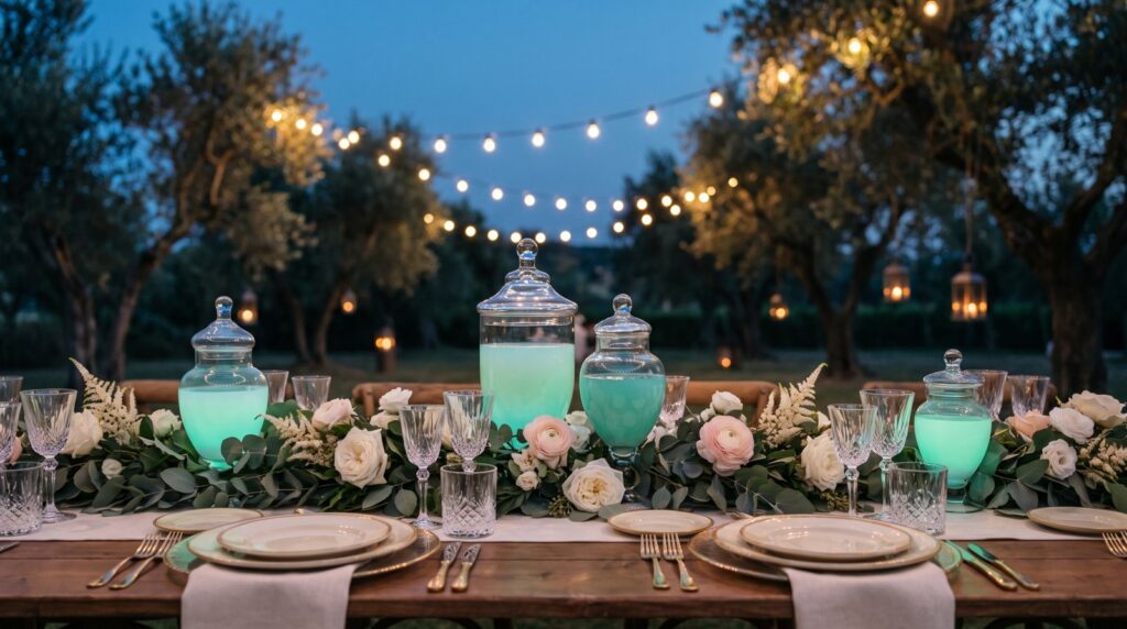 Hochzeitstafel zur blauen Stunde mit leuchtenden Gläsern, Blumen und Lichterketten