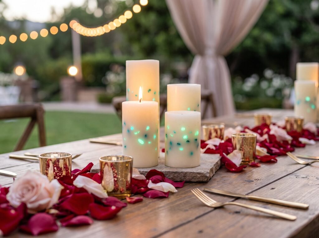 Elfenbeinfarbene Leuchtkerzen auf einer Hochzeitstafel mit Rosenblättern