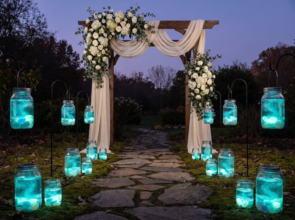 Gartenweg zum Hochzeitsbogen, gesäumt von leuchtenden Windlichtern